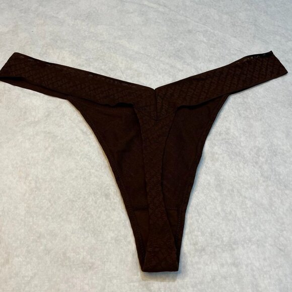 SKIMS Mesh Logo Thong Mid Rise Cocoa Brown Logo Print 3X - Picture 8 of 8